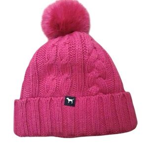 Victoria’s  Secret PINK Pom Pom Knit Beanie Hat Fleece Lined Pink Winter Cozy